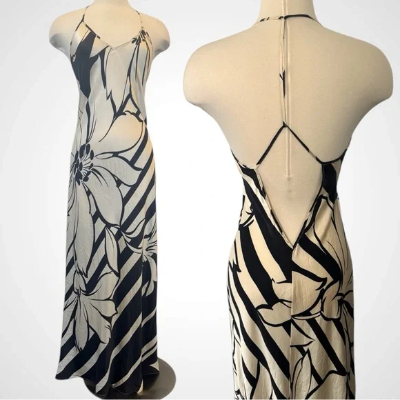 2001 Victoria’s Secret Silk Bold Floral Cream Black Halter Maxi Gown Slip Dress - Picture 6 of 7